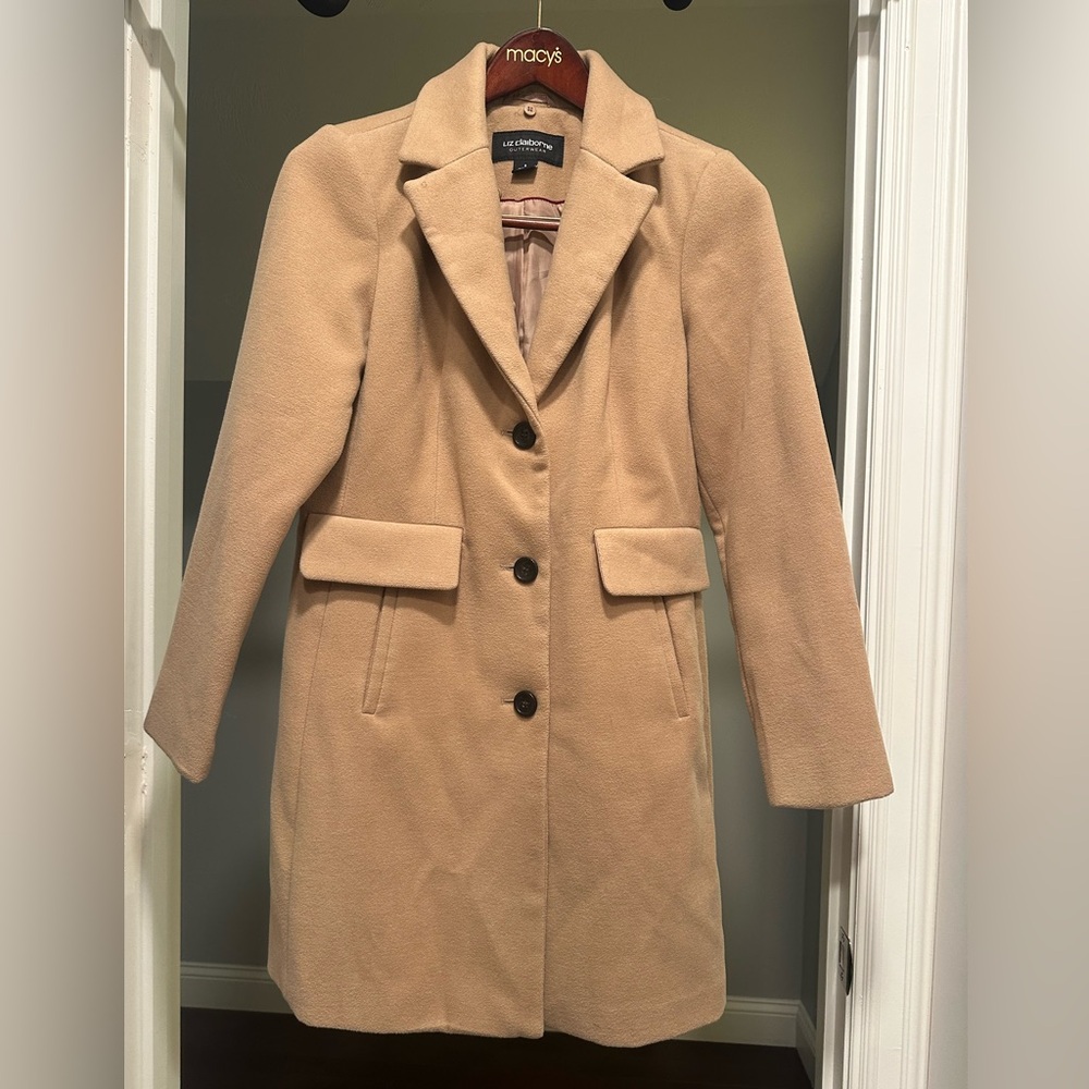 Liz Claiborne Beige Trench Coat w Removable Fur Collar